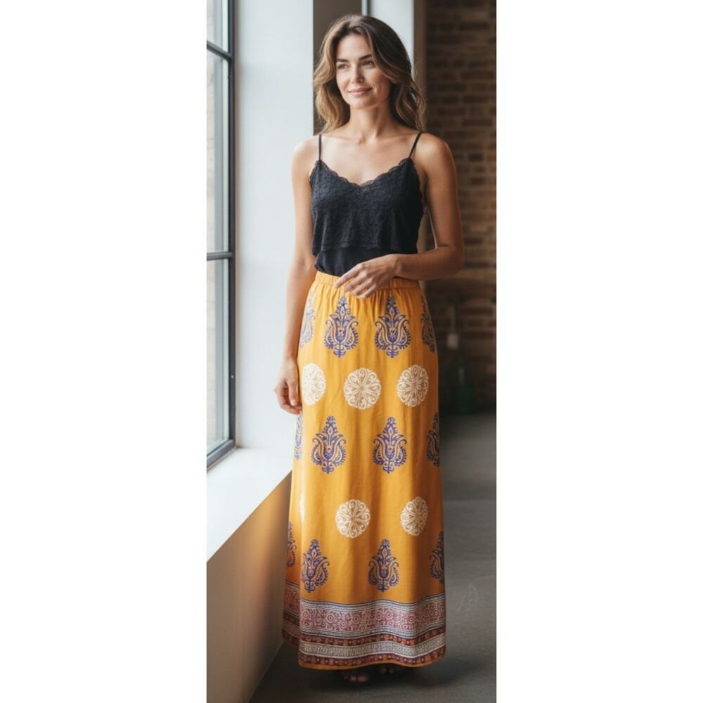 Soft Surroundings Women's Mustard Yellow Boho Embellished Maxi Skirt Size Large